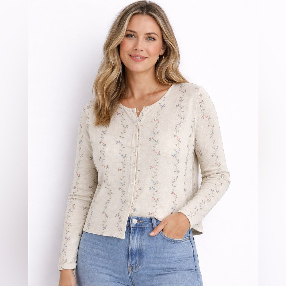 Denim&Co Cream Ditsy Embroidered Floral Button front Cardigan